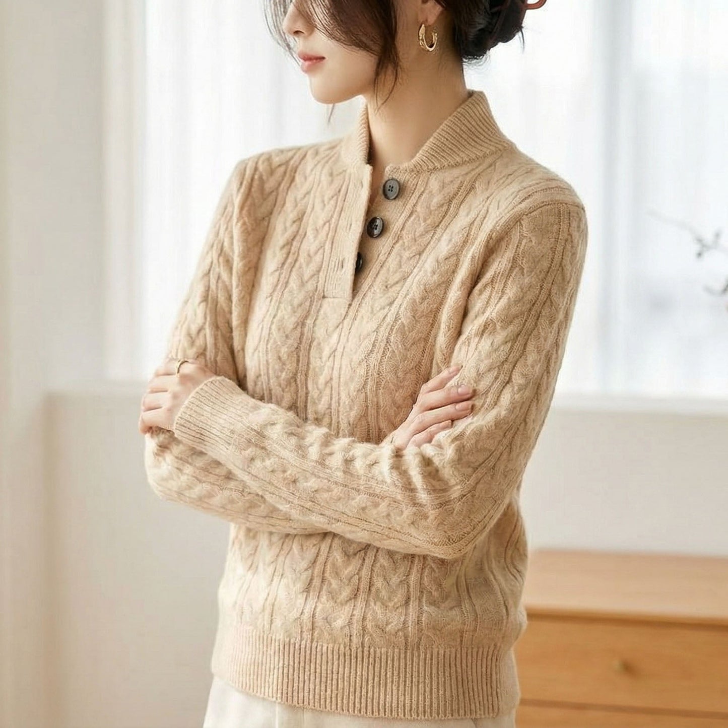 Caterina Cable-Knit Button Pullover